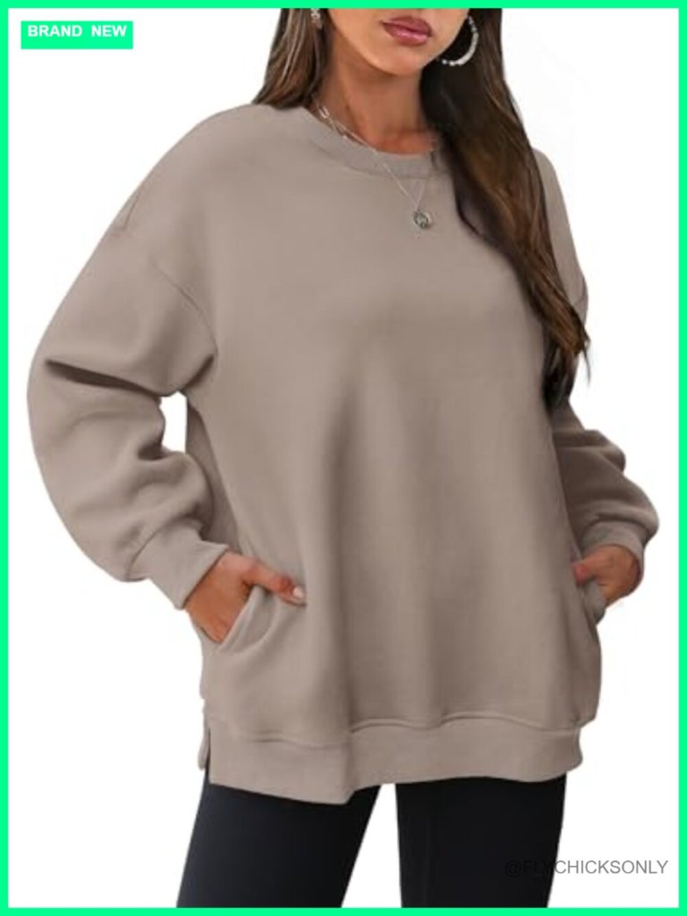 Oversized Crewneck Fleece Sweatshirt Side Slits Hidden Pockets Pullover